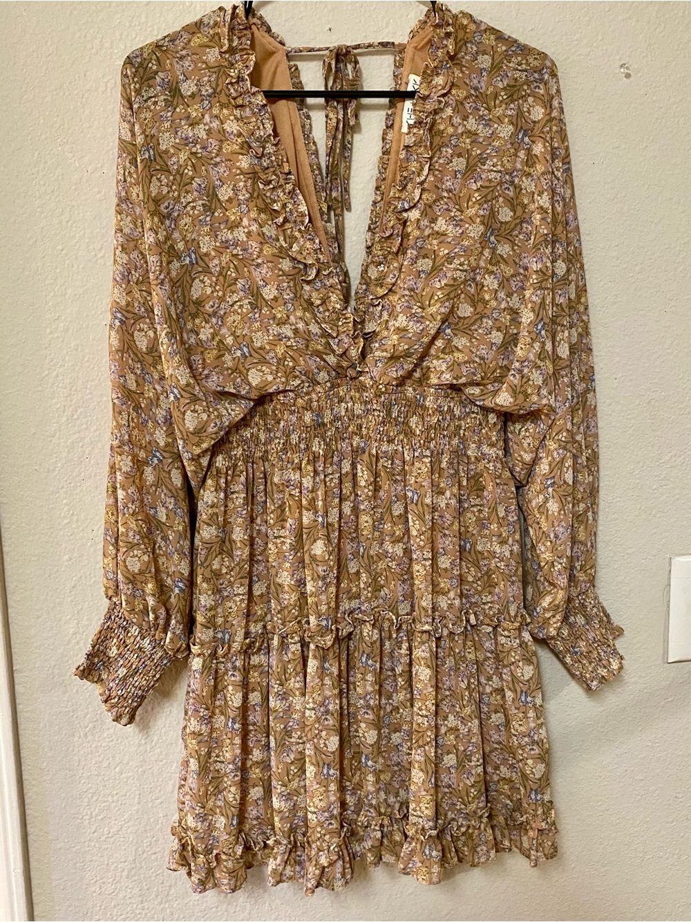 She + Sky Floral Long Sleeve Smocked Mini Dress - Size Large